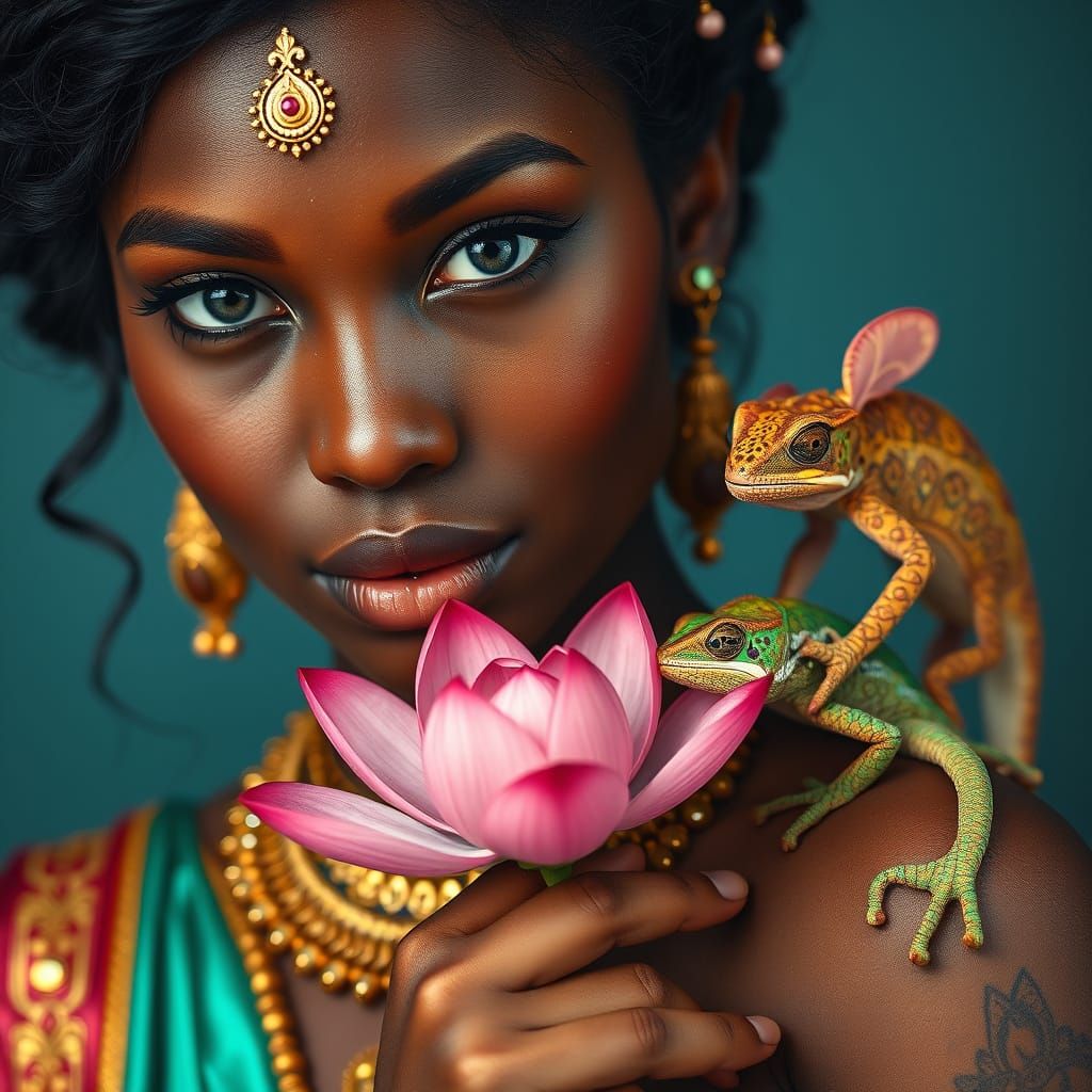 African American Woman in Indian Attire with Chameleon and L...