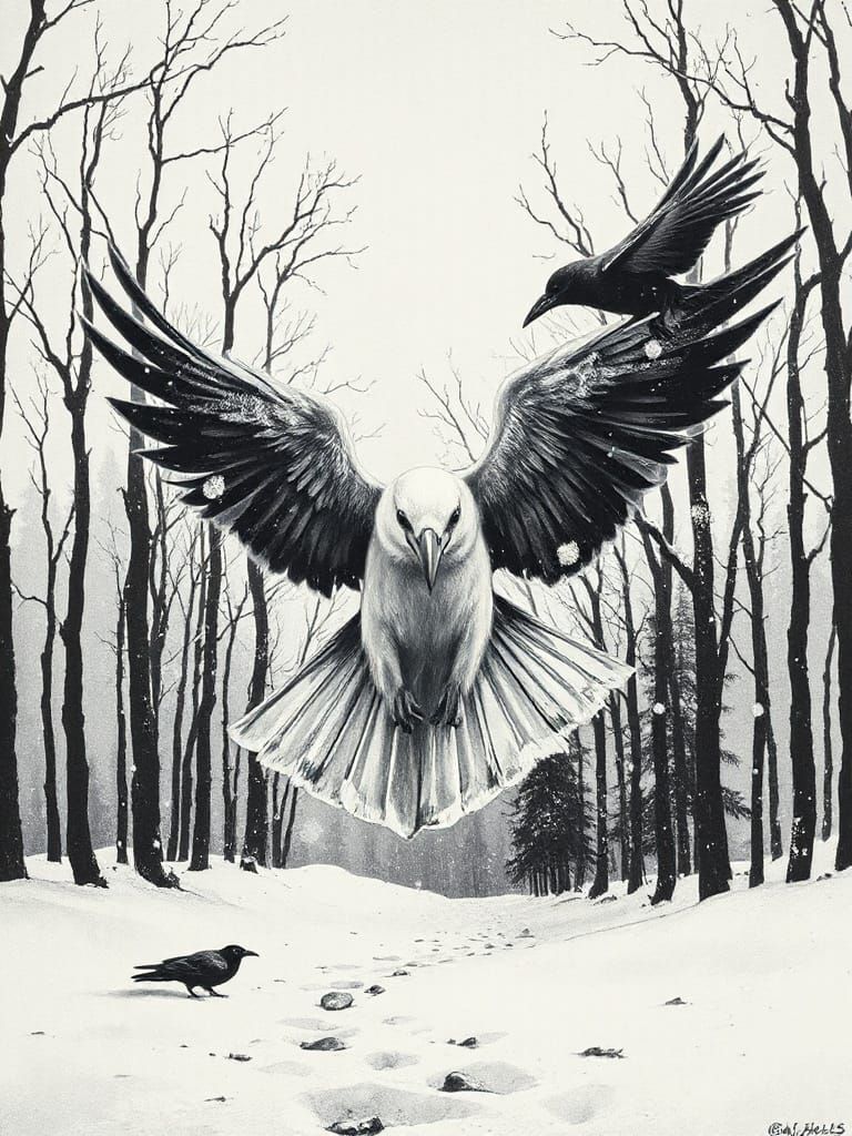 Winter Raven Emerges from Ink Mural, Wings of Ice