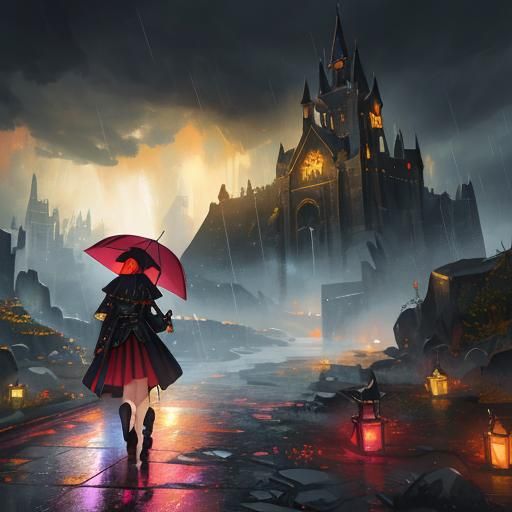Woman in Red Umbrella Walks in Thunderstorm