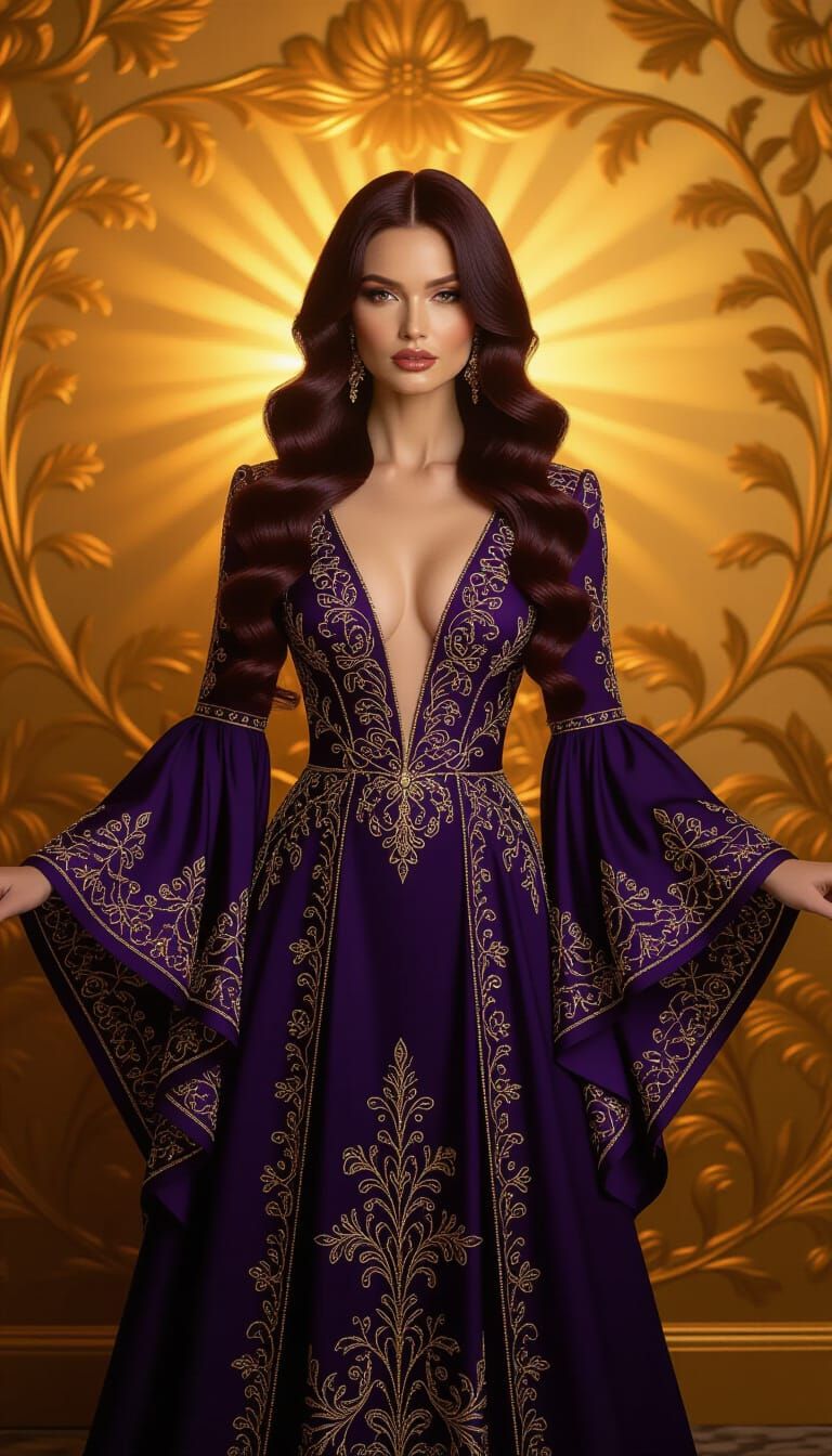Woman in Violet Gown with Golden Embroidery