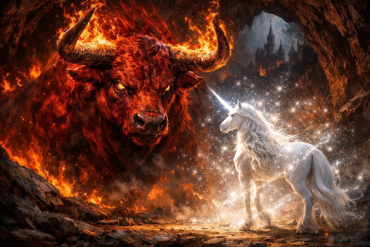 Fantasy Art: Red Bull Confronts The Last Unicorn in Fiery Ca...