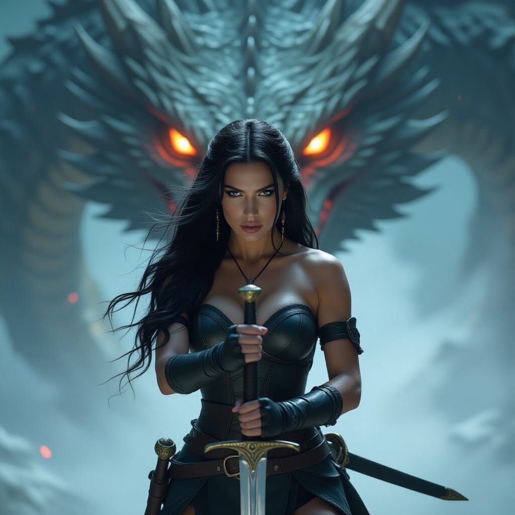 Amazon Warrior Grips Sword, Dragon Looms Behind