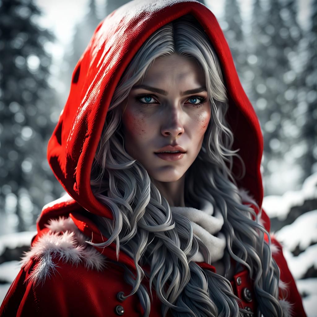 Red Riding Hood in Snowy Monochrome Landscape