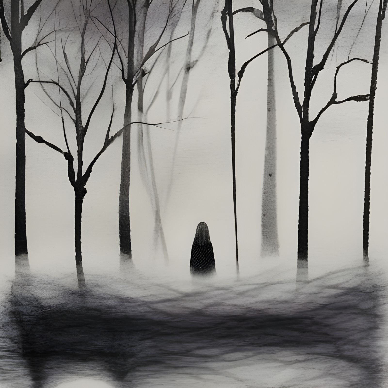 Melancholic Woman in Winter Forest Watercolor