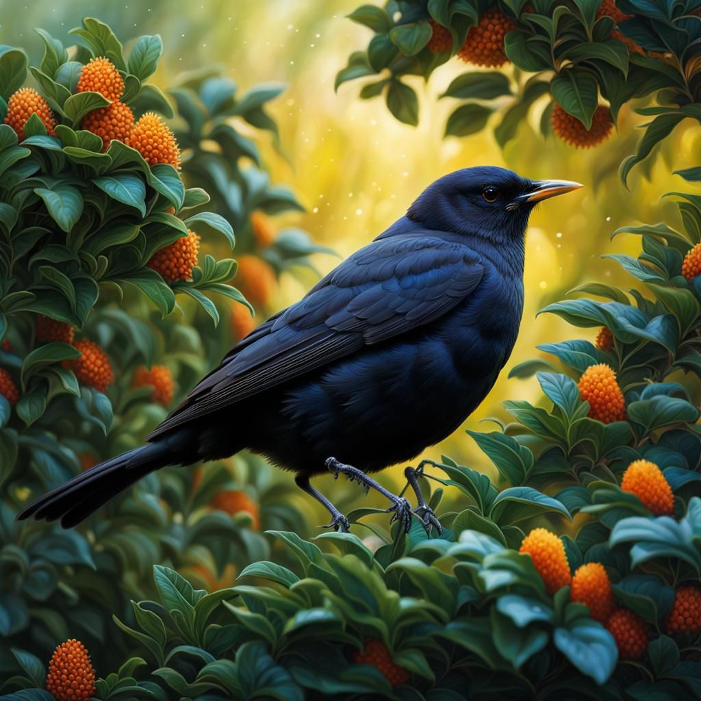 Blackbird in Bush, Digital Fantasy Painting