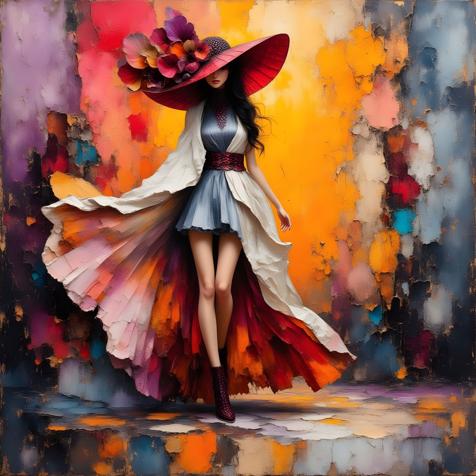 Glamorous Woman in Textured Lilac Hat and Mini Dress