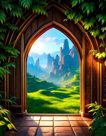 Magical Window to Fantasy World in Watercolor Style