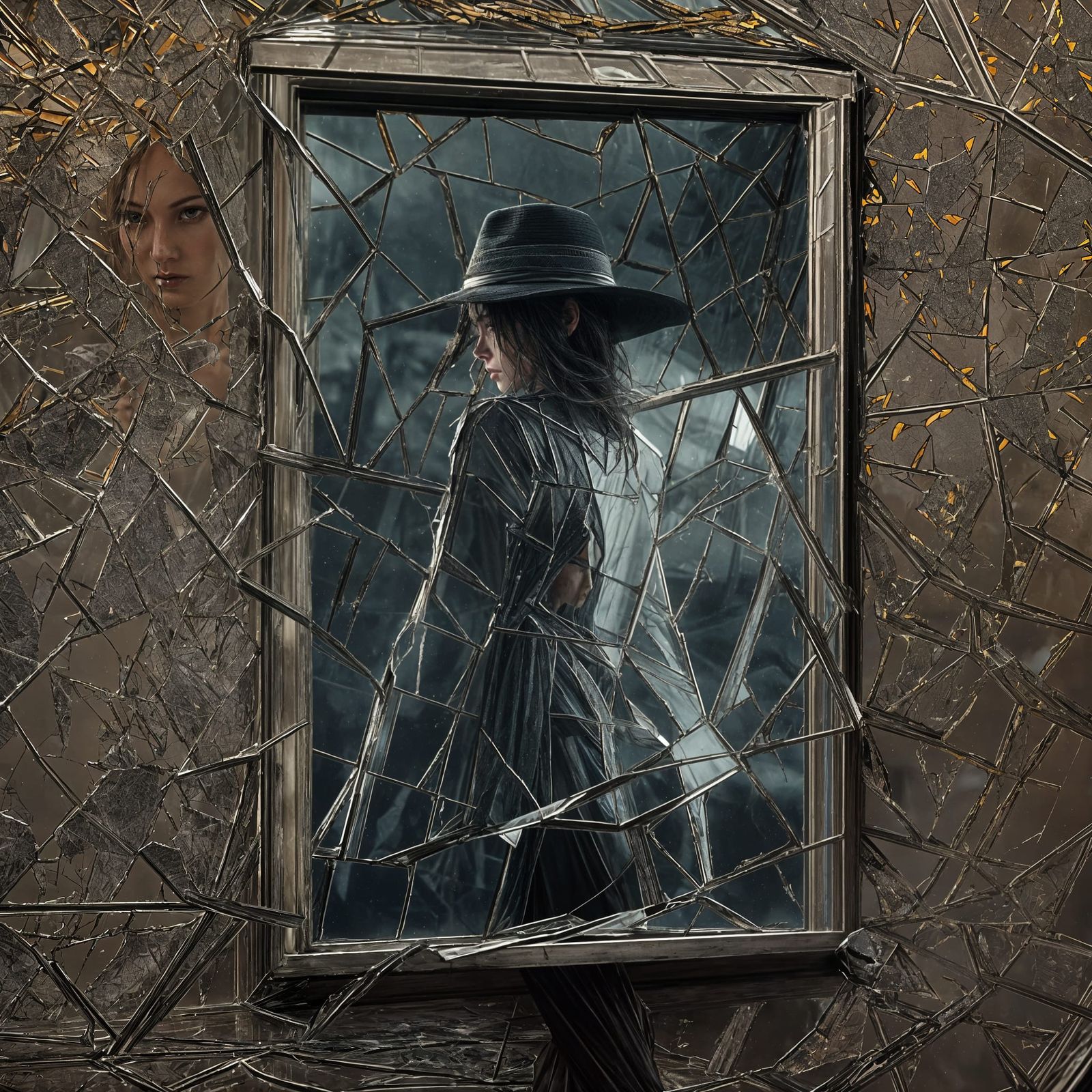 Noir Woman Reflected in Shattered Window