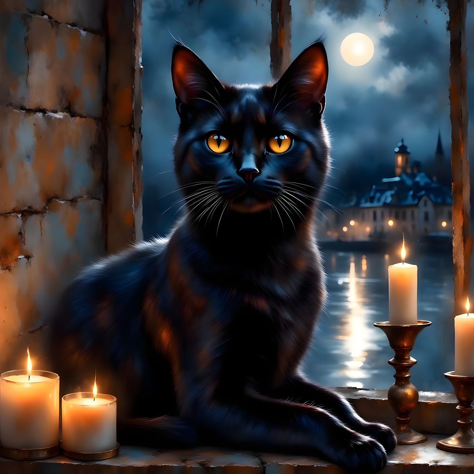 Black Cat on Moonlit Sill: Impressionist Concept Art