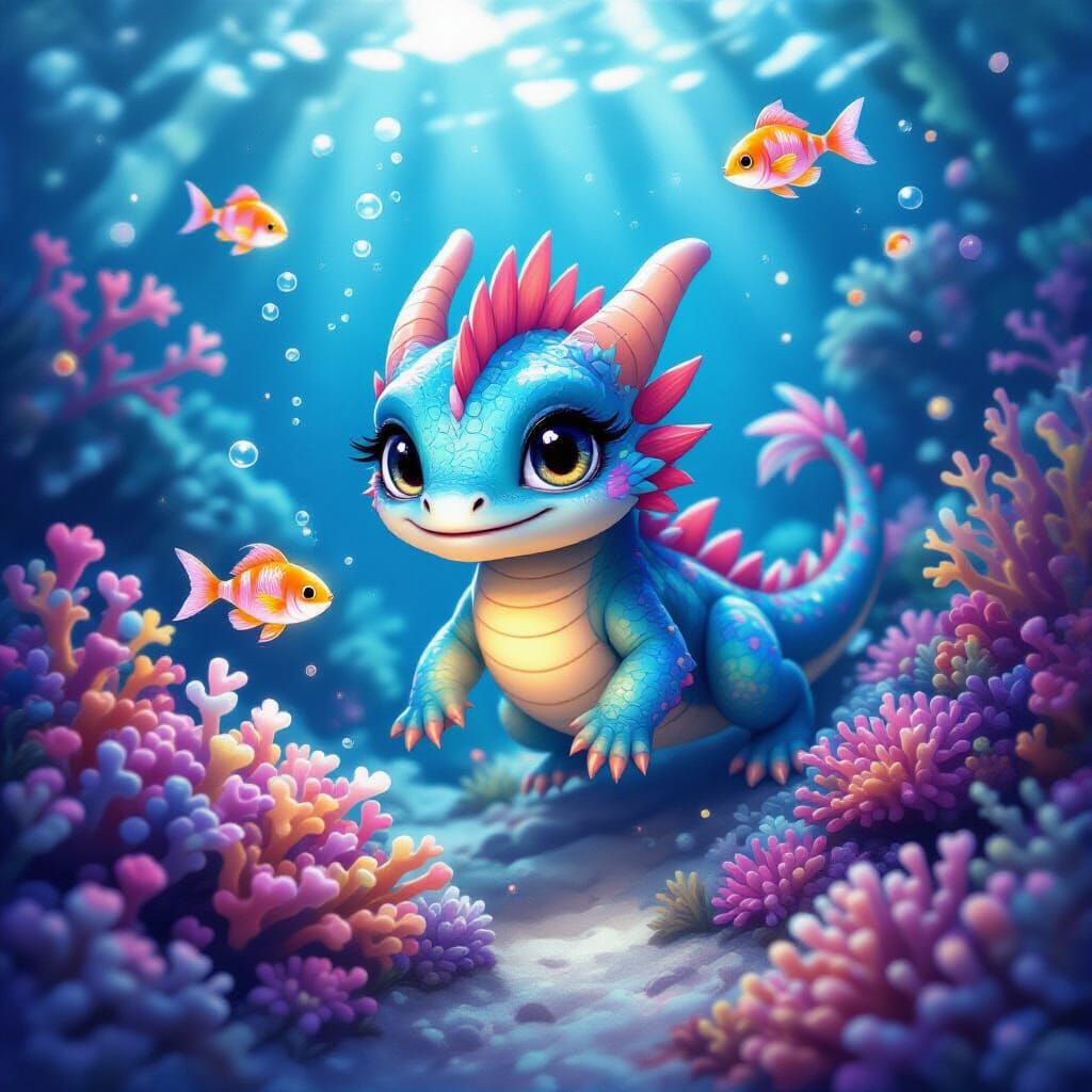 Adorable Water Dragon in Bioluminescent Coral Reef