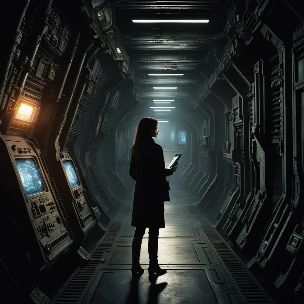 Eerie Sci-Fi Scientist in Derelict Spaceship