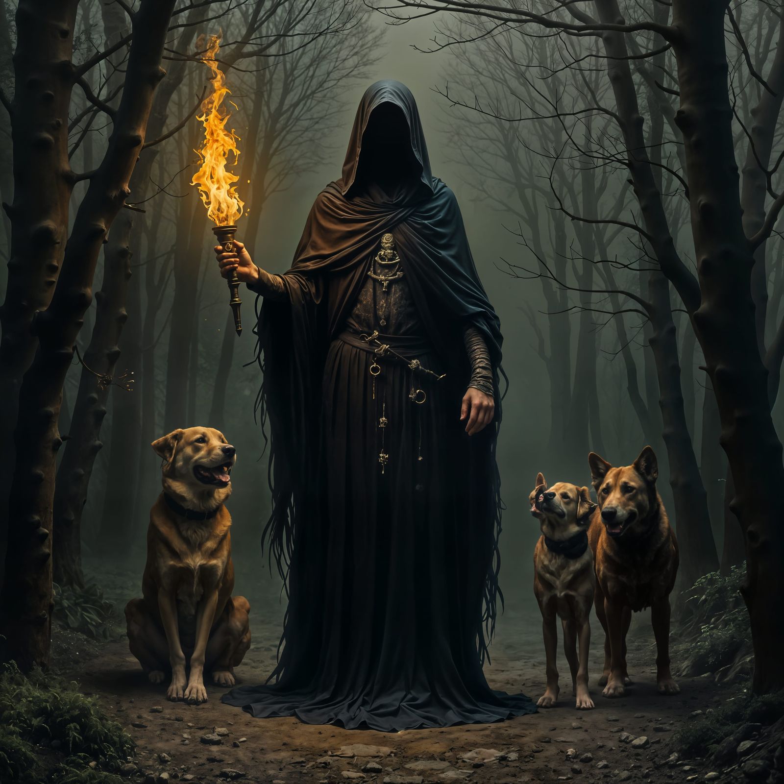 Hecate Goddess in Forest with Torch, in Romantic Style