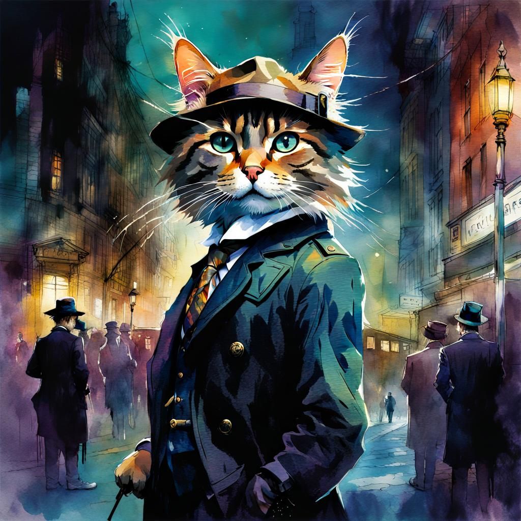 Anthropomorphic Cat Detective in Digital Watercolor Style