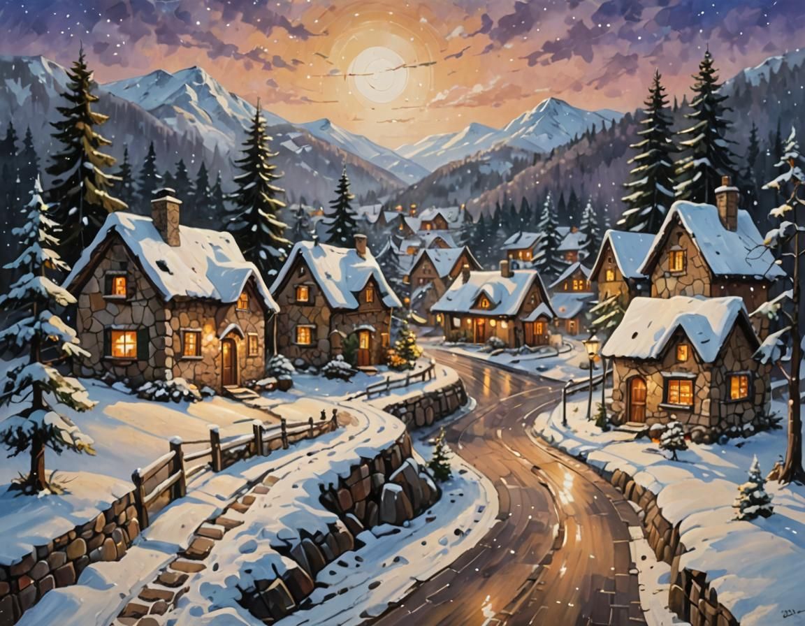 Winter Village Scene in Rustic Acrylic Painting