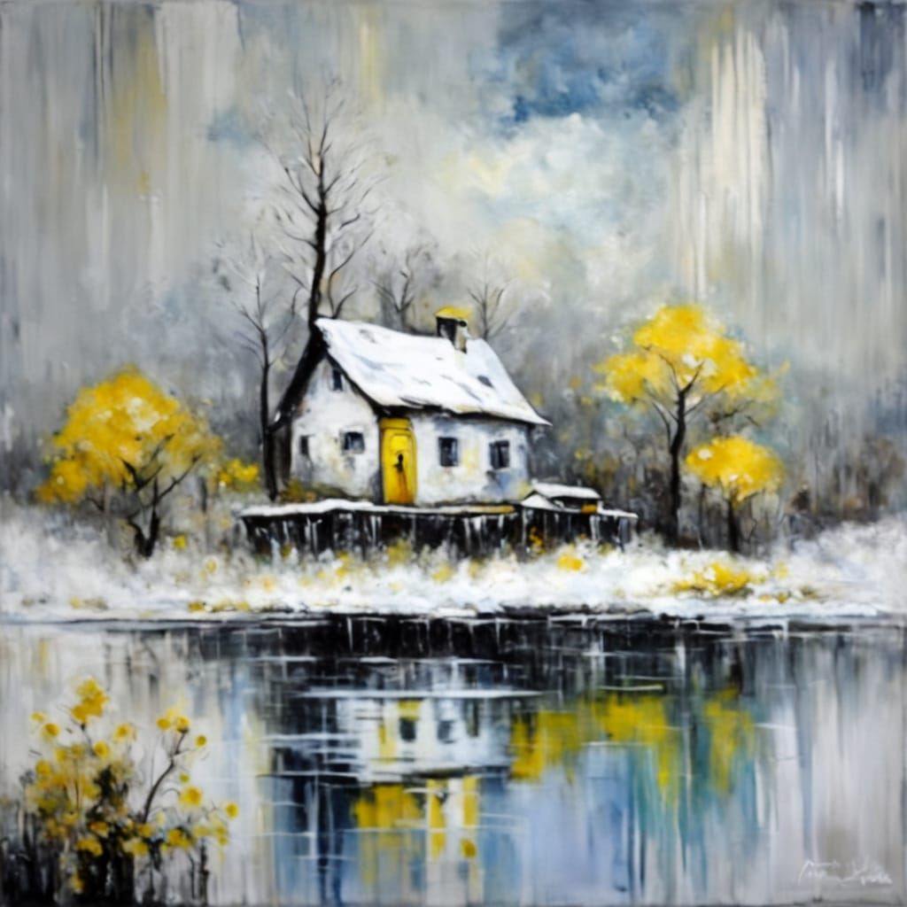 Encaustic Painting of Snowy Cottage by Frozen Lake