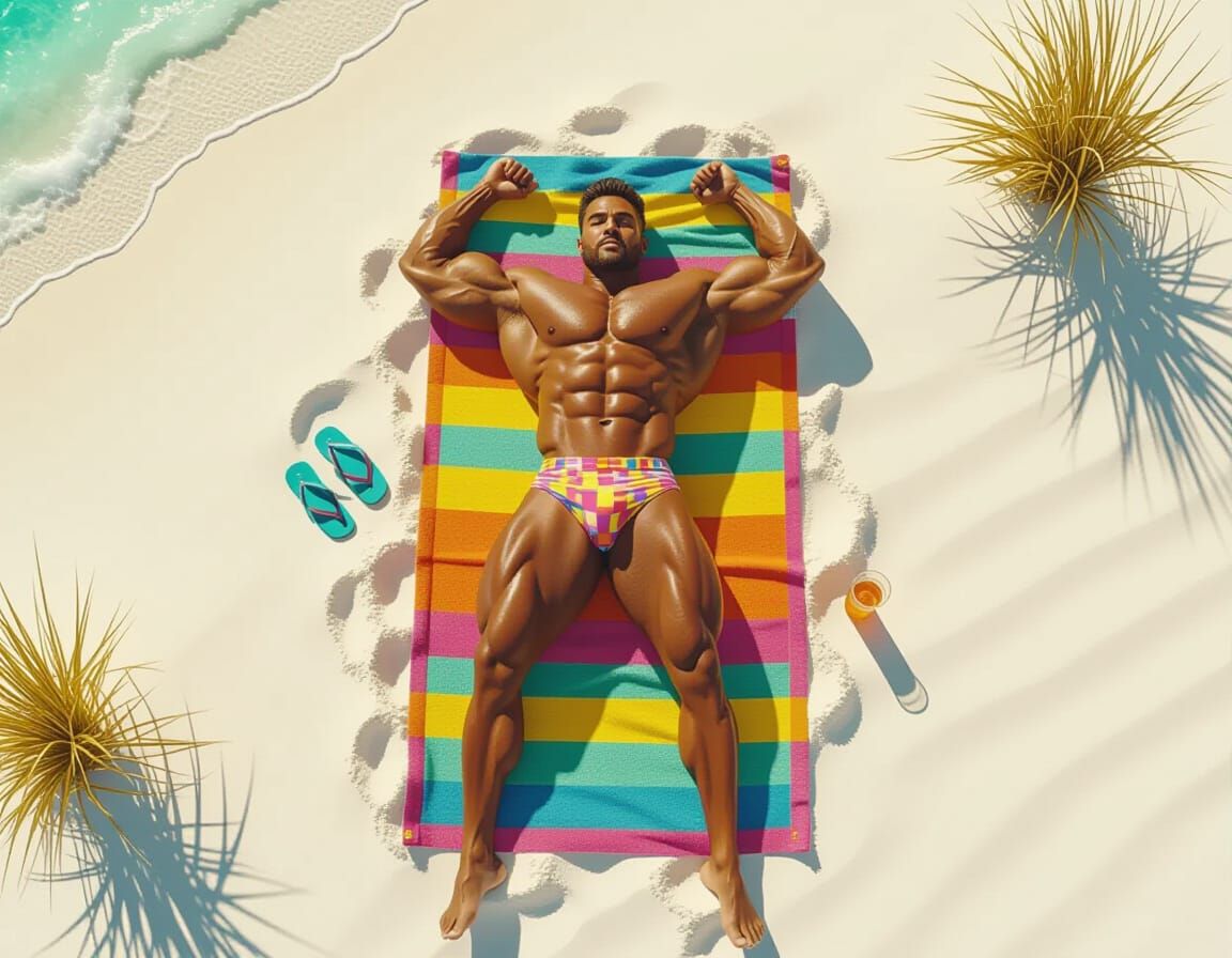 Hyper-Muscular Bodybuilder on Beach in Cinematic Style