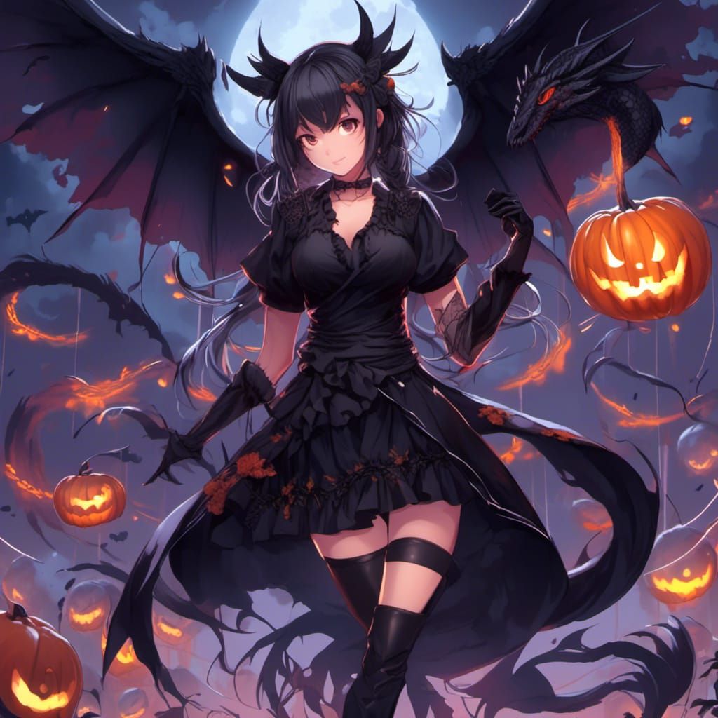 Anime Halloween Girl with Dragon Wings
