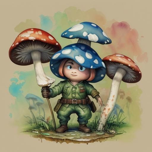 Mushroom Soldier in Gouache Impressionist Style