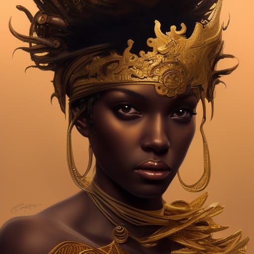 Oxum: Black Goddess in Gold, Detailed Portrait