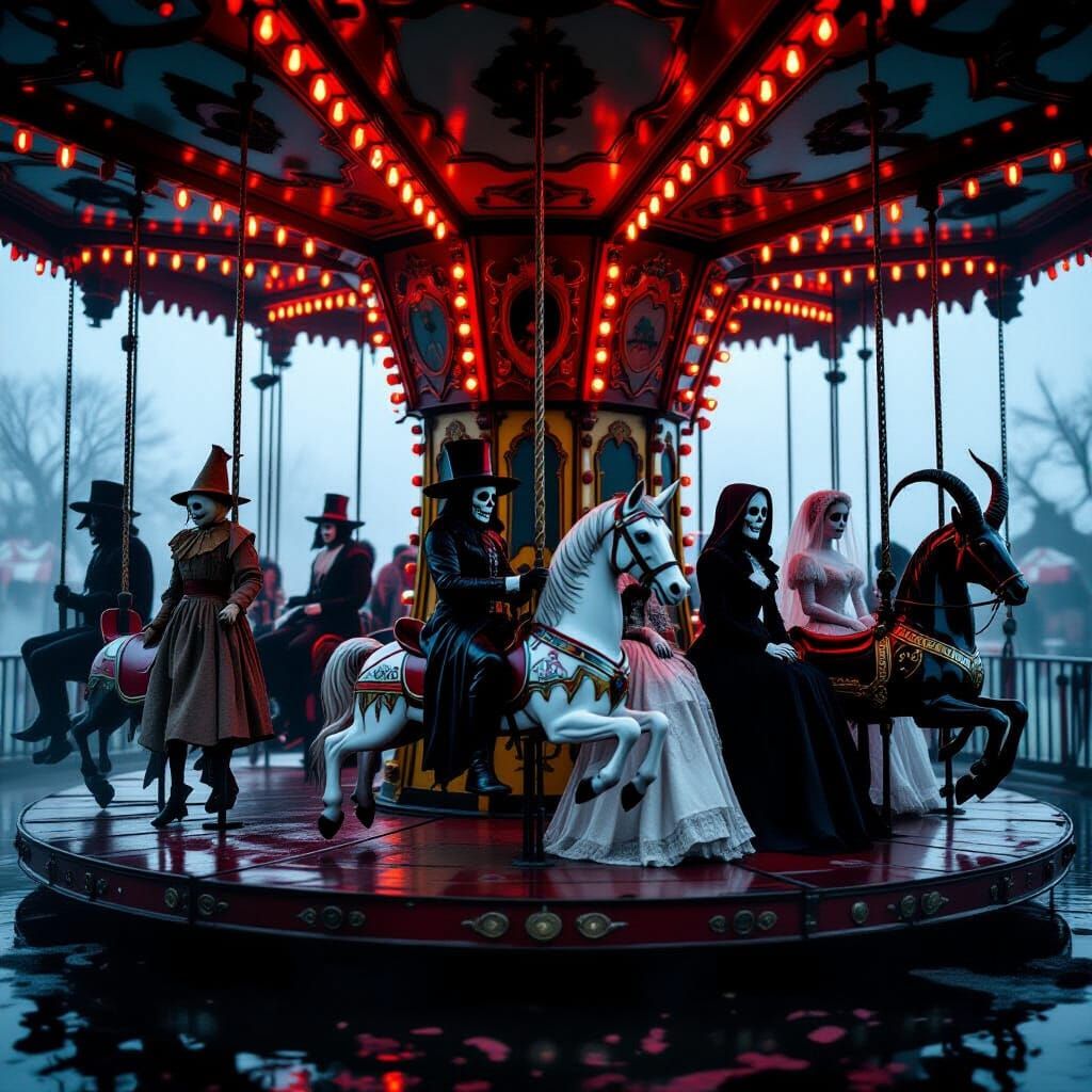Midnight Carnival Carousel with Gothic Creatures