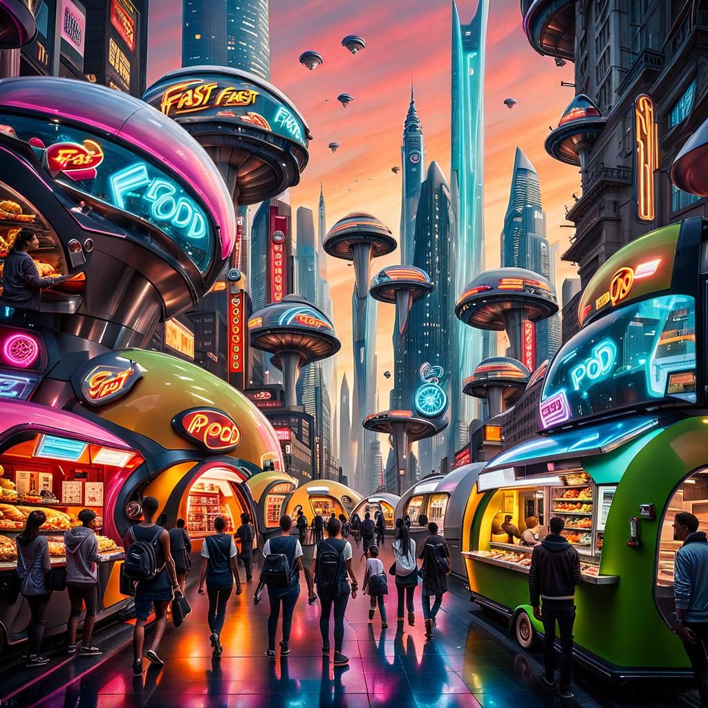 Futuristic Cyberpunk Food Truck Alley at Night