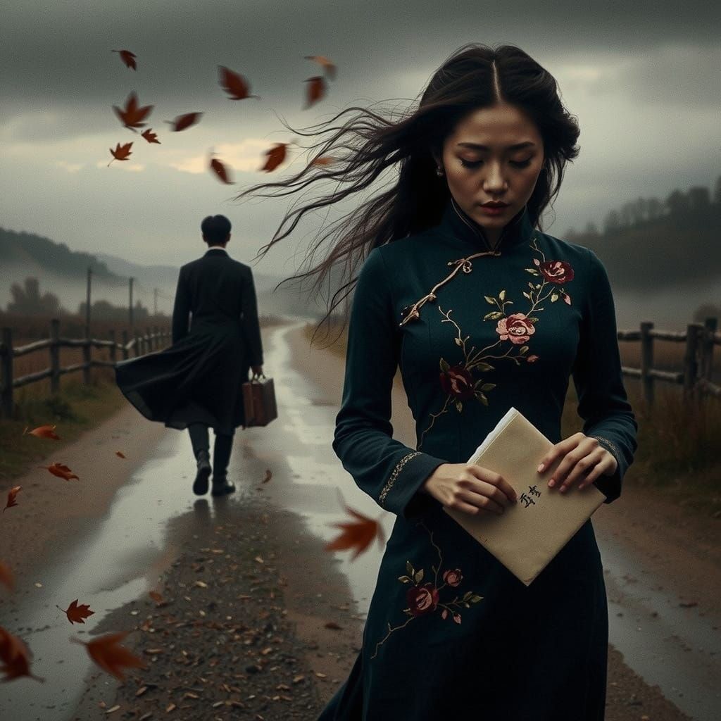 Chinese Woman at Crossroads in Pre-Raphaelite Style