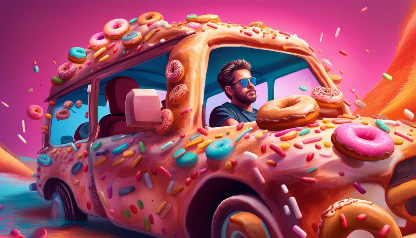 Man Drives Donut Car: Hyperrealistic Splash Art