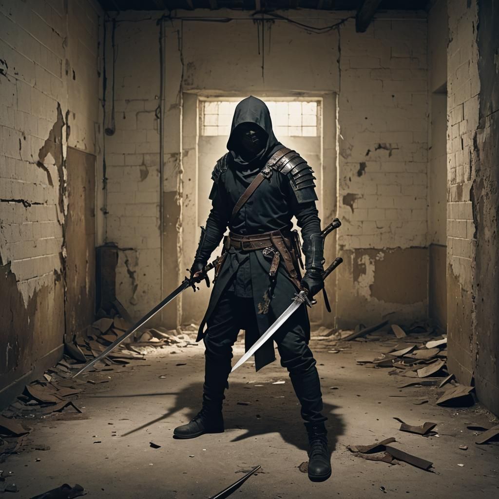 Shadowy Assassin in Abandoned Prison: Cinematic Film Still