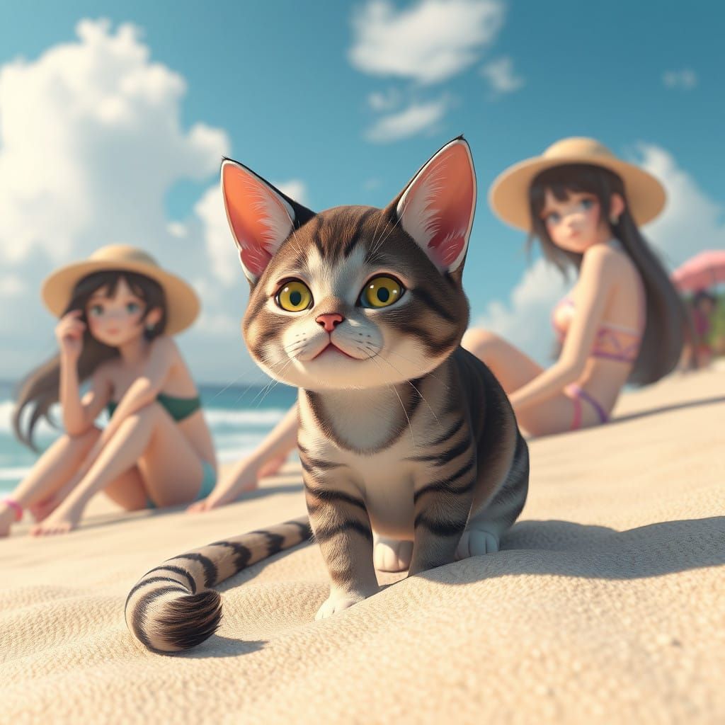 Stunning Anime-Inspired Beach Scene with Girls and a Cat