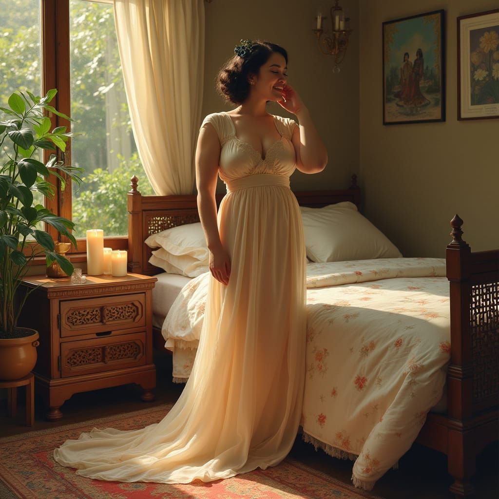 Elegant Full-Figured Woman in 1930s Silk Gown