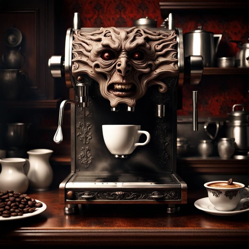 Demonic Espresso Machine in Horror Style