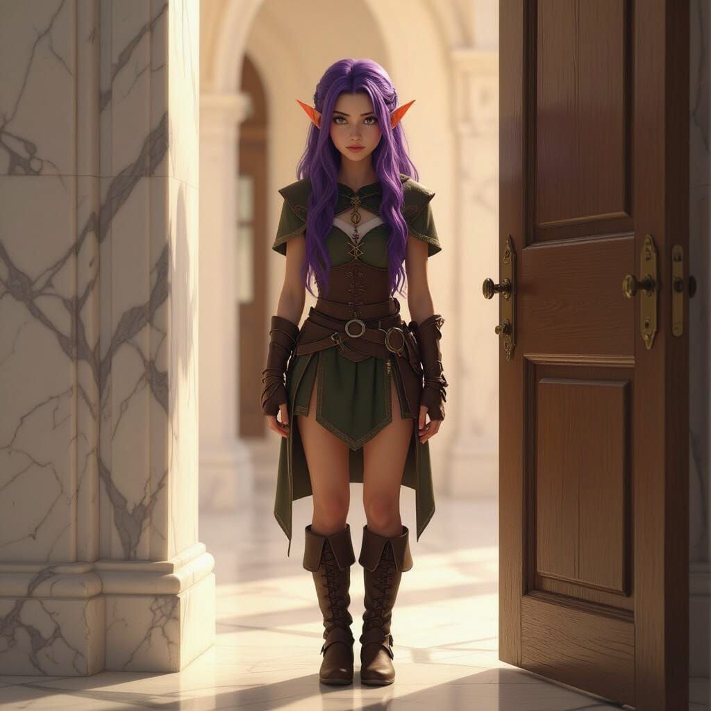 Dalish Elf with Purple Hair by Wooden Door in Marble House