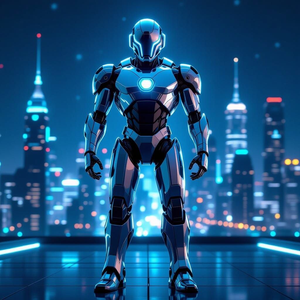 Futuristic Chrome Robot in Neon Cityscape