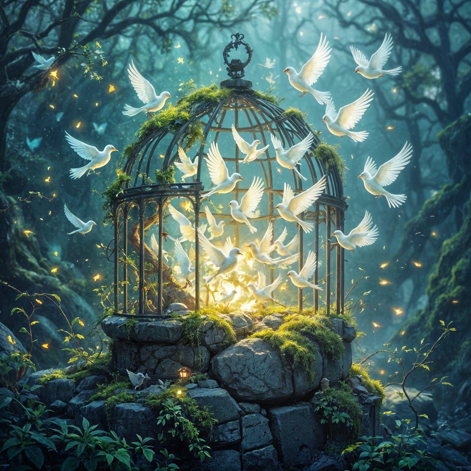 Ethereal Birds Escape Cracked Stone Birdcage