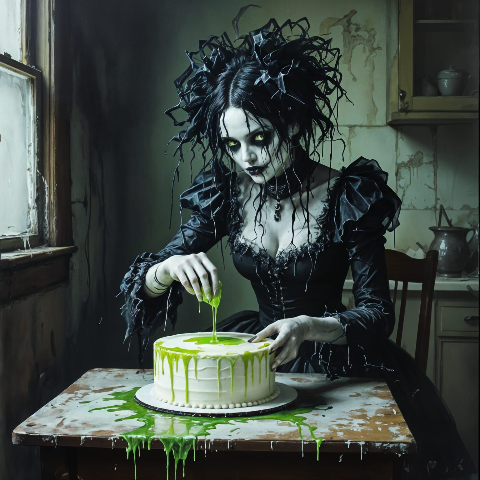 Surreal Kitchen Nightmare: Melting Woman in Toxic Green