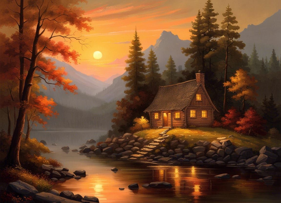 Cozy Cabin in Woods: Golden Hour Landscape