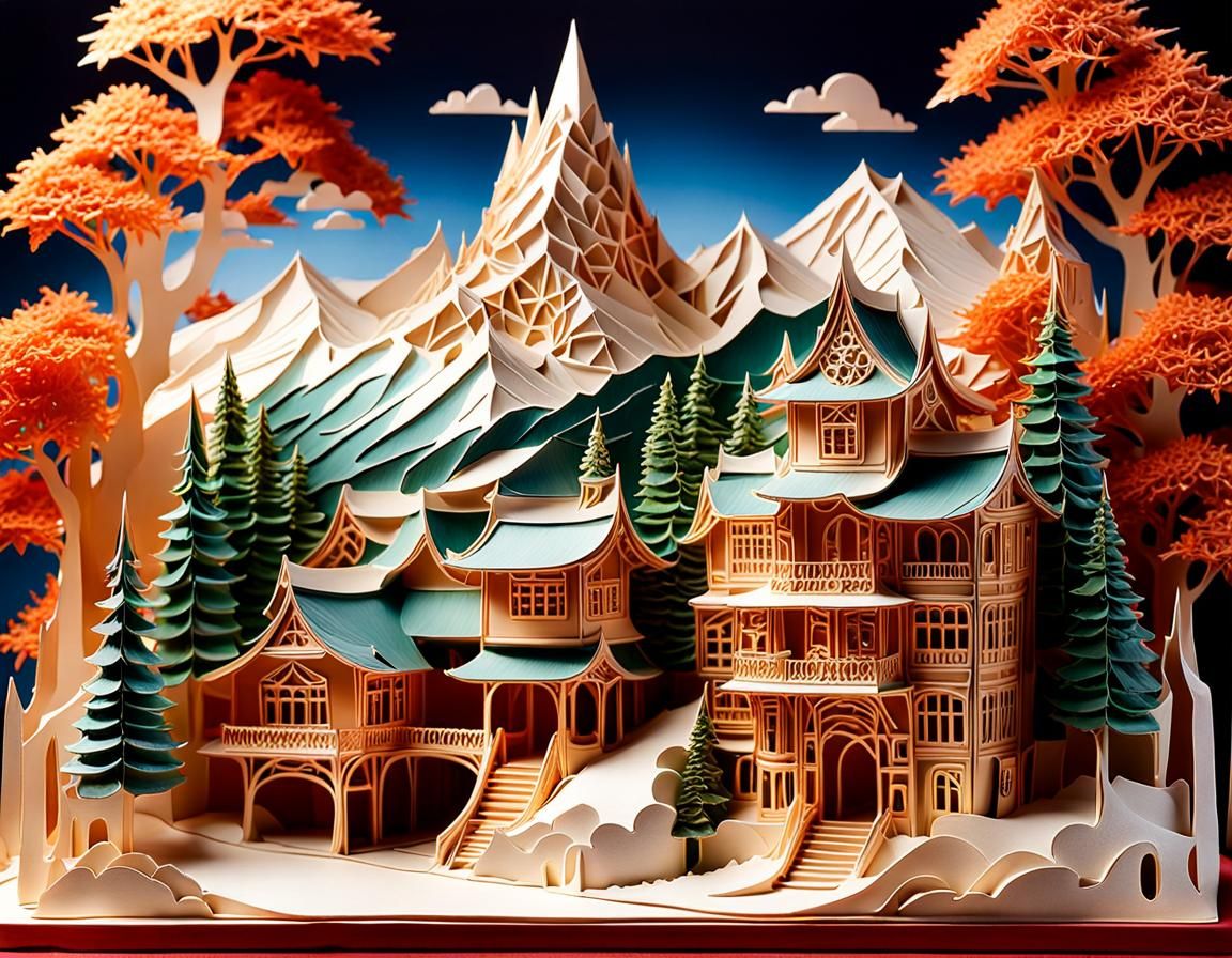 Picturesque Village Kirigami Artwork by Mountain