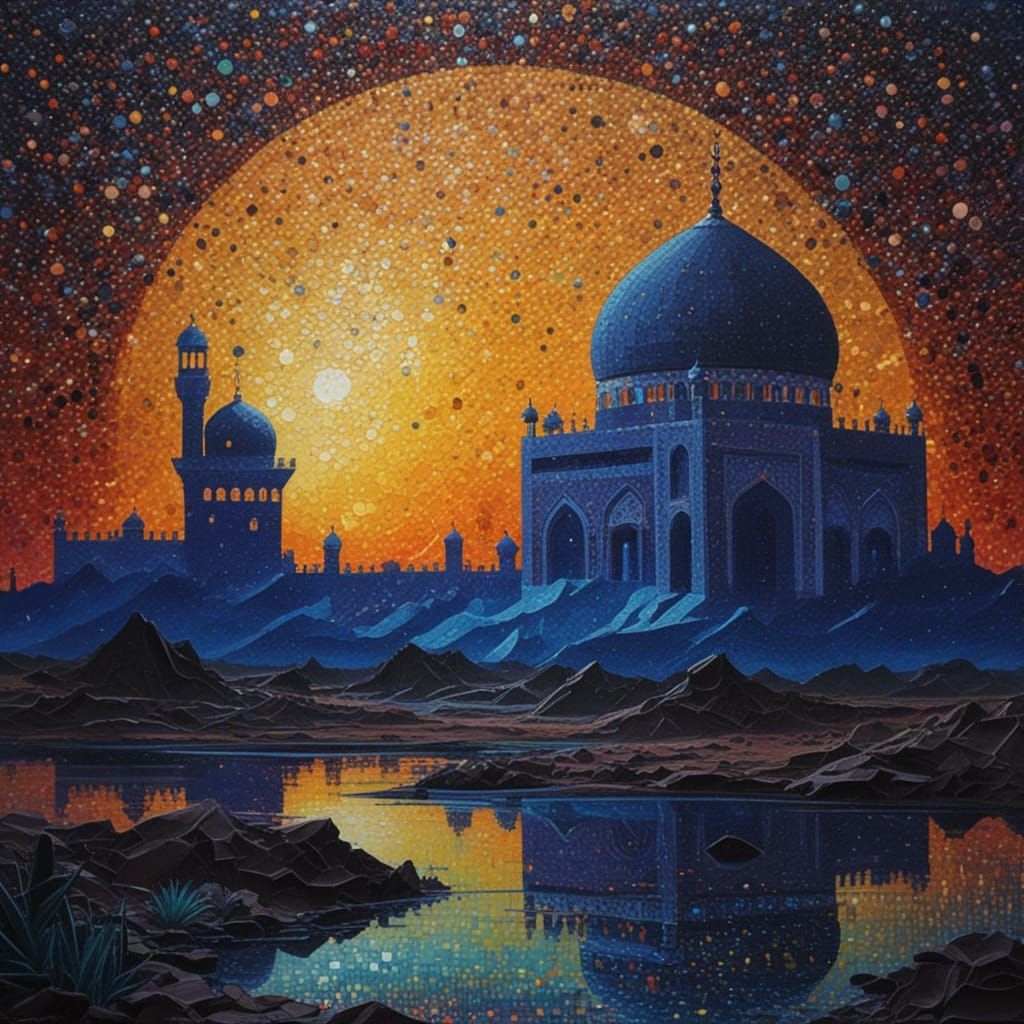 Desert Oasis Palace in Dot Painting Style