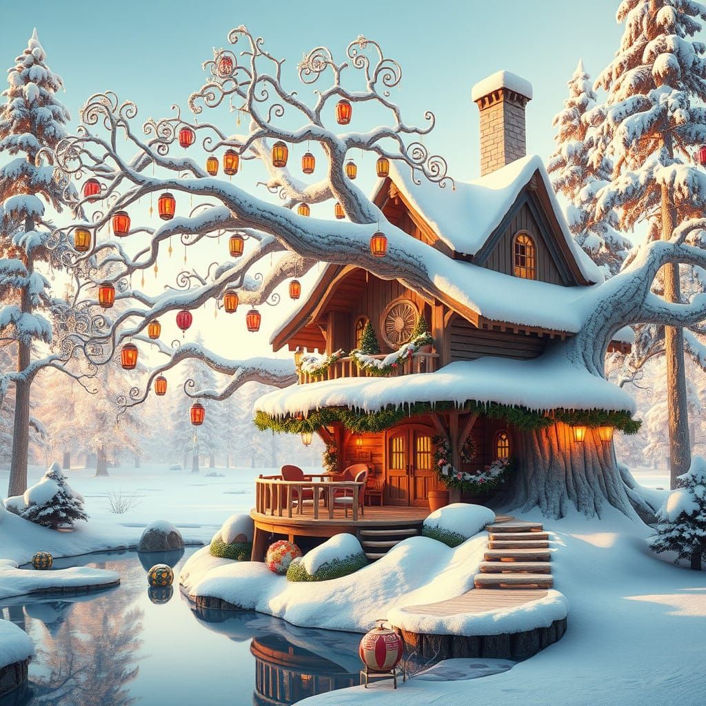 Whimsical Christmas Tree House in Winter Wonderland Scene