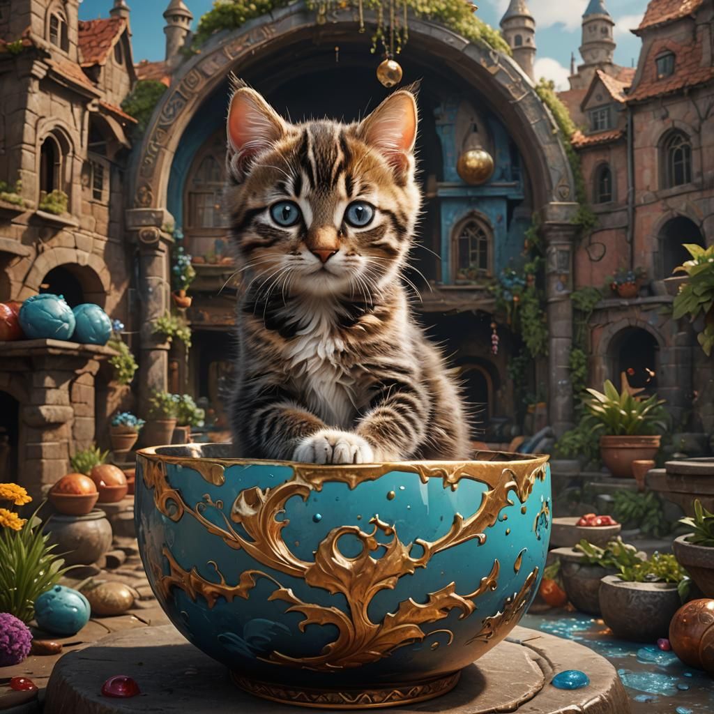 Kitten in Bowl: Detailed Matte Painting