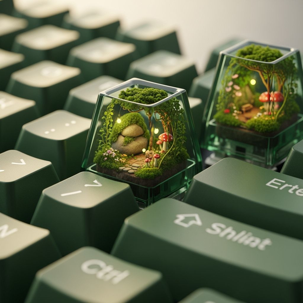 Macro Keyboard With Tiny Nature Terrariums In Keycaps