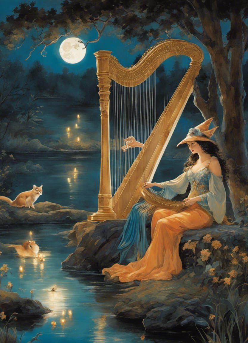 Animal Enchanting Witch Playing Harp for Possums