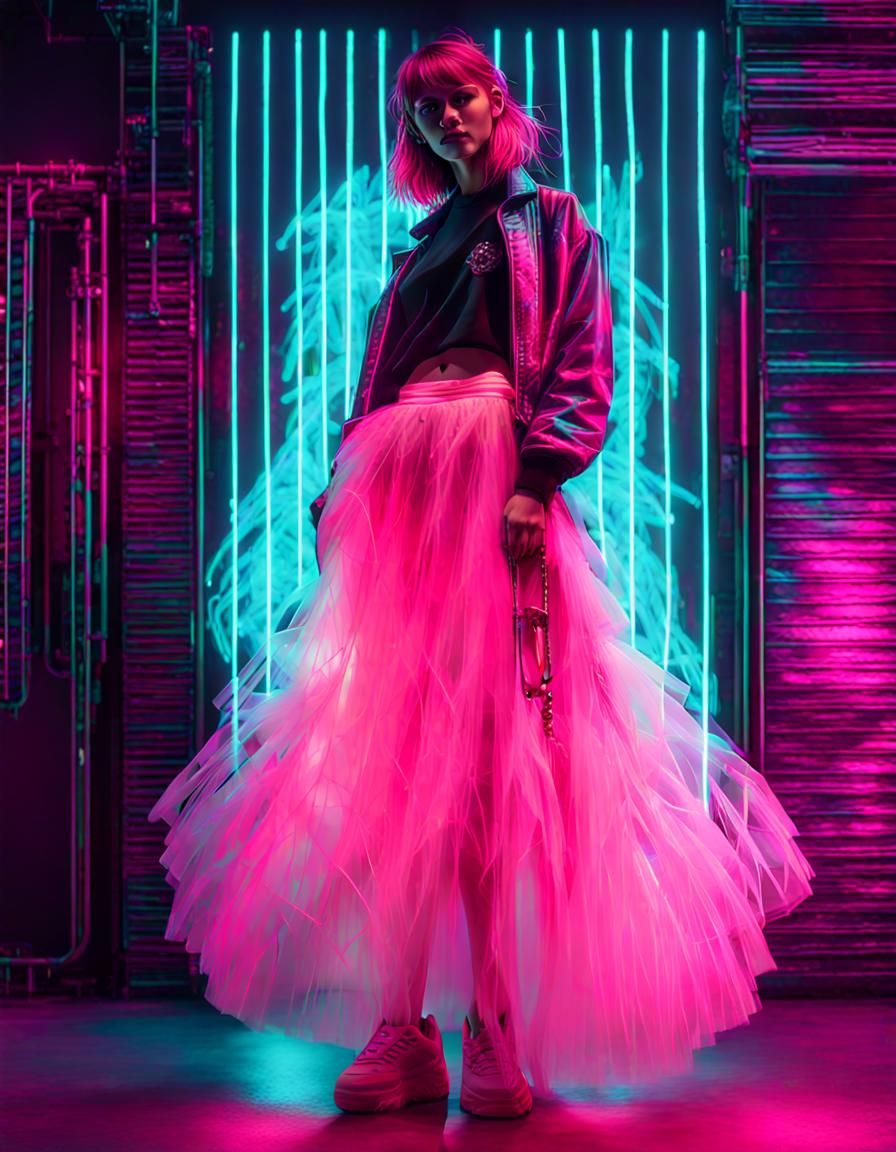 Translucent Cyberpunk Girl Hologram in Tulle Skirt