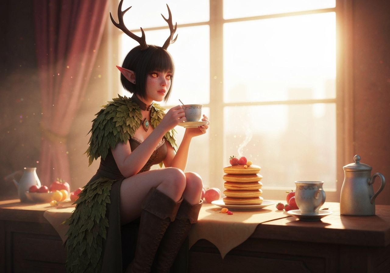 Elven Woman Enjoys Magical Breakfast in Golden Hour Light