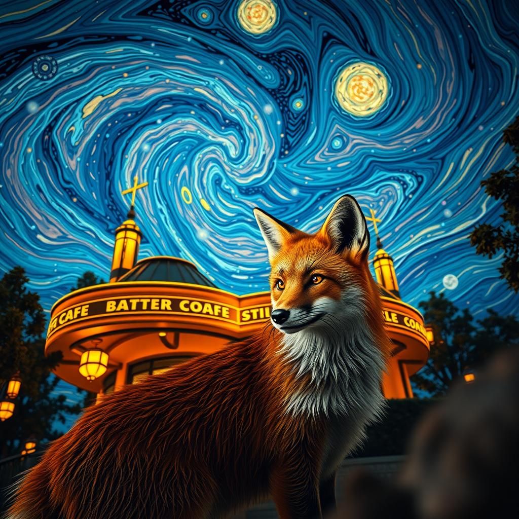 Night Café with Fox in Van Gogh Sky