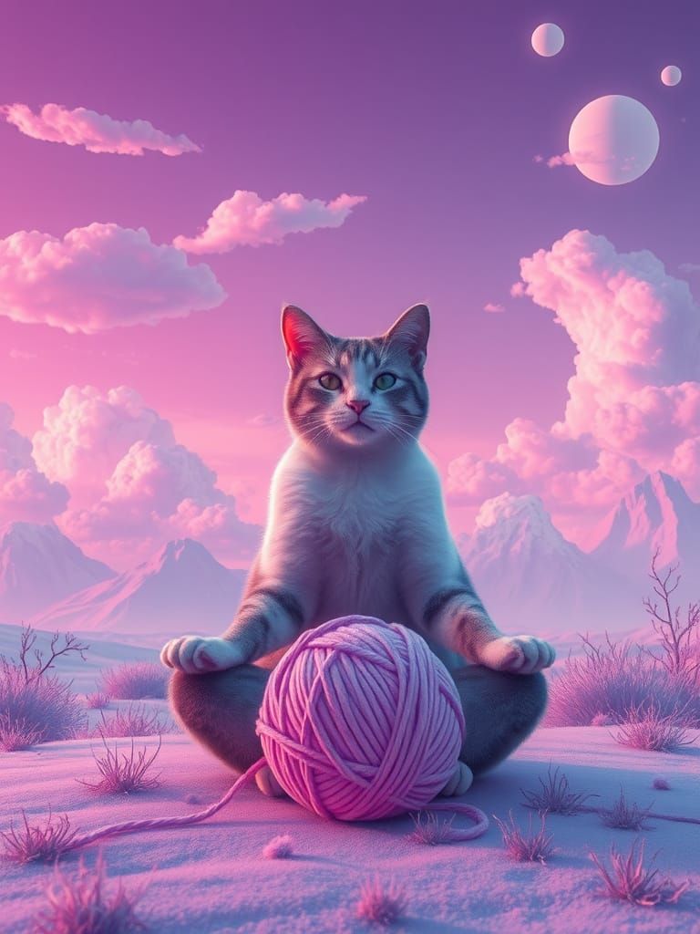 Surreal Cat Contemplates Lenticular Clouds in Retro-Futurist...