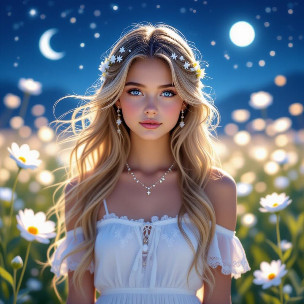 Starlight Girl in Cosmic Flower Field: Ethereal Art