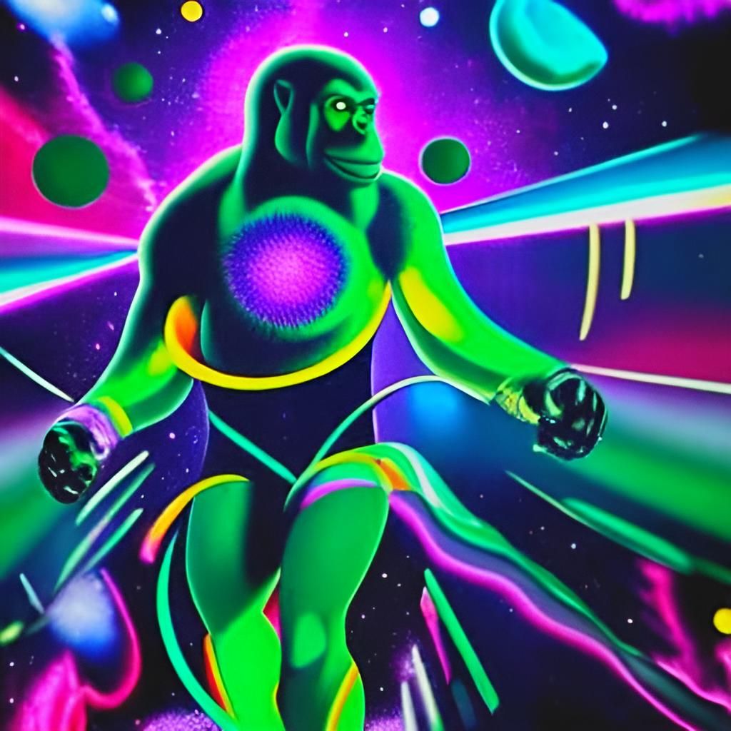 Green Gorillas in Space: Hyperrealistic Cosmic Illustration
