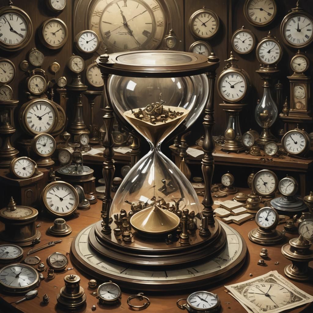 Sinister Hourglass Surrounded by Clocks