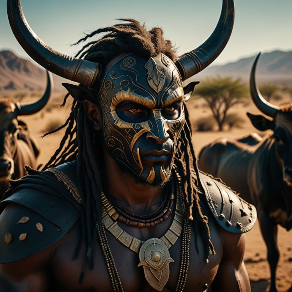 Mauritanian Assassin in Wildebeest Costume: Hyperrealistic F...